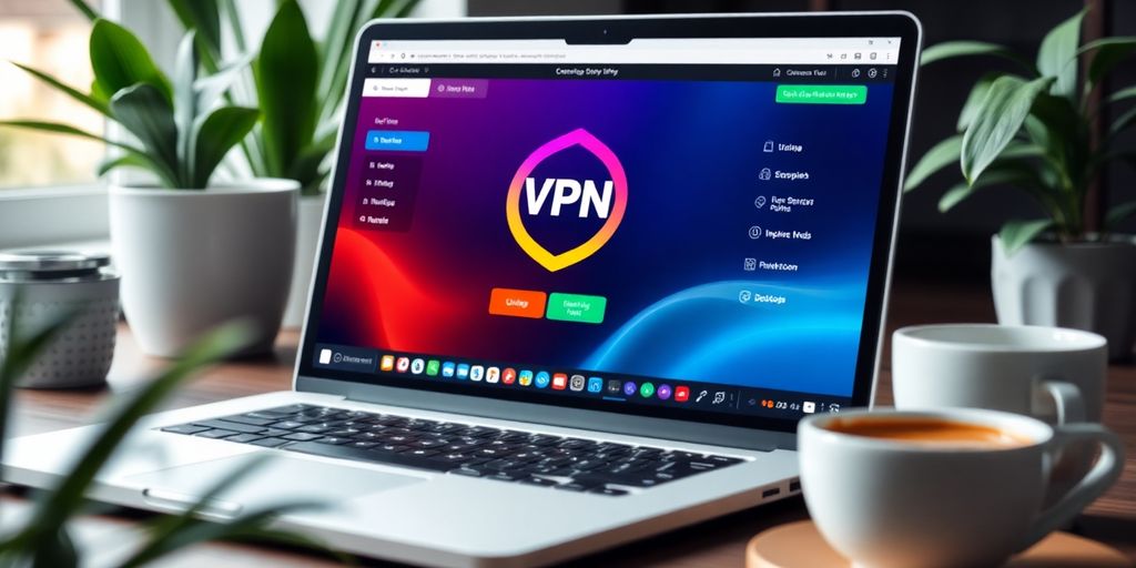 Laptop mit VPN-Software in einem entspannten Arbeitsumfeld.