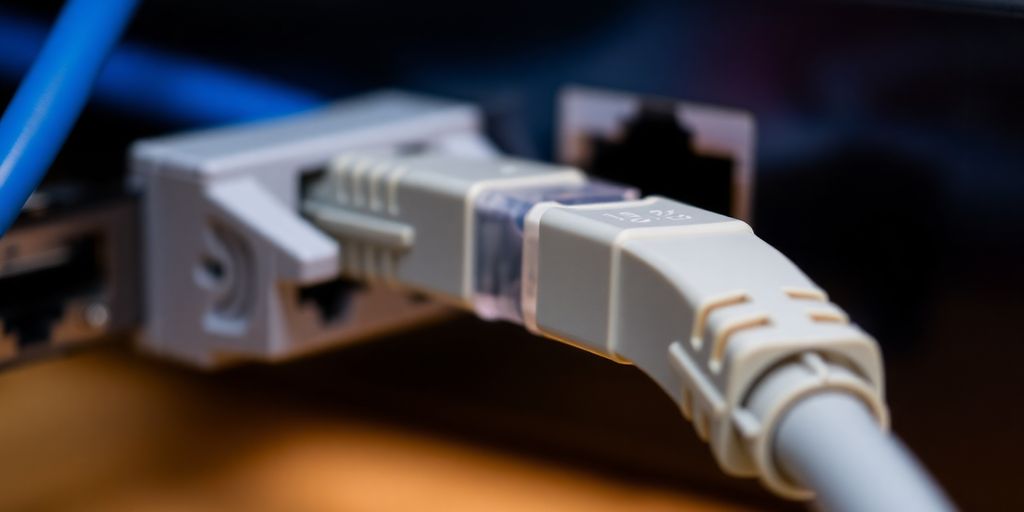 Ein Netzwerkabel, das mit einem Router verbunden ist.