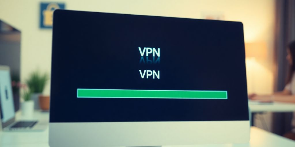 Computermonitor mit VPN-Verbindung und verschwommenem Hintergrund.