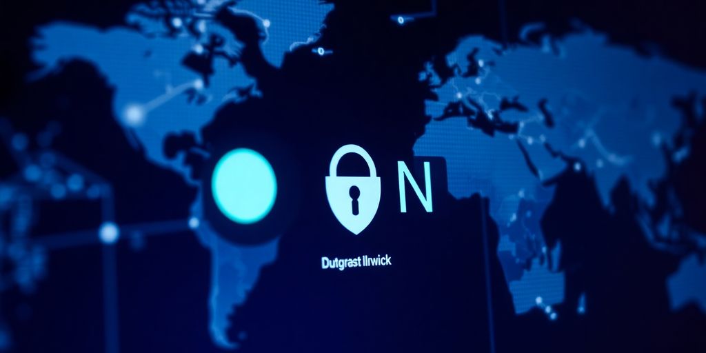 Computerbildschirm mit VPN-Oberfläche und digitaler Weltkarte.