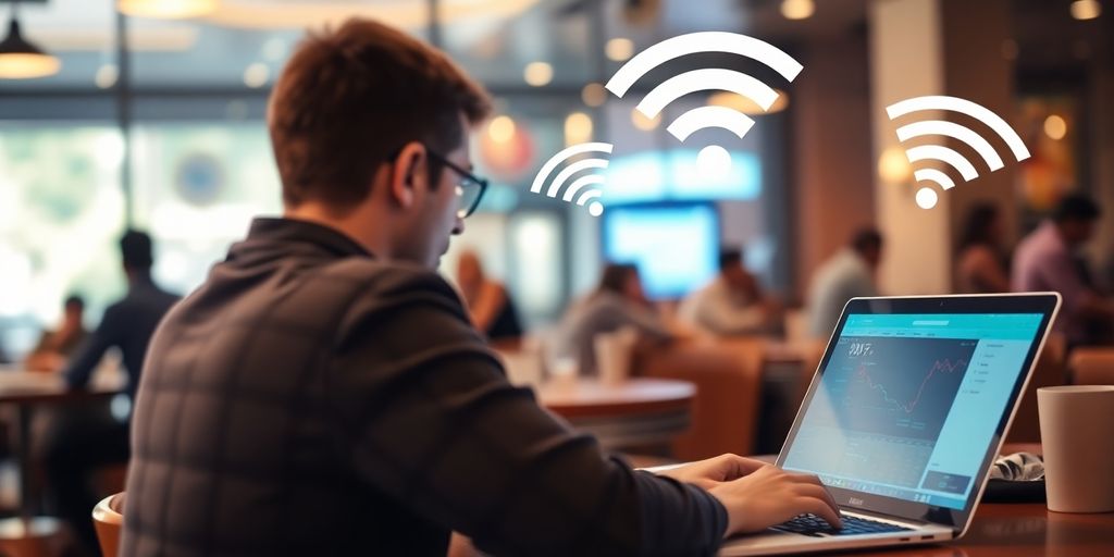 Person am Laptop mit starkem WLAN-Signal.