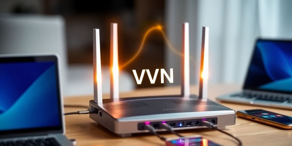 Router mit VPN-Verbindung und Geräten im Hintergrund.