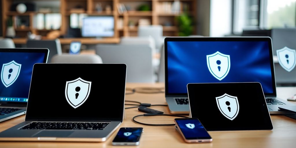 Verschiedene Geräte mit VPN-Schutz-Symbolen.