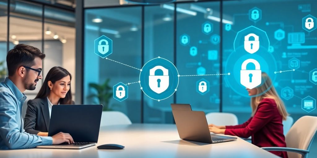 Büro mit Personen, die sichere VPN-Dienste nutzen.