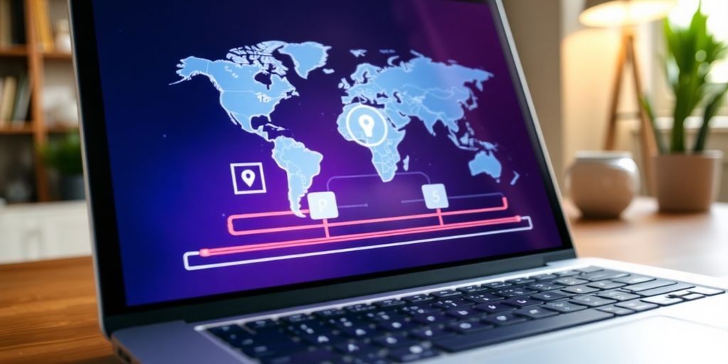 Laptop mit digitaler Weltkarte und Sicherheitsaspekten