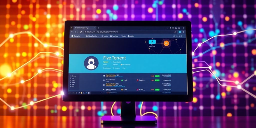 Computerbildschirm mit Torrent-Interface und digitalem Hintergrund