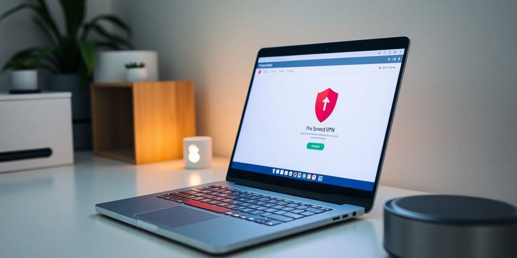 Laptop mit VPN-Schnittstelle in ruhigem Arbeitsumfeld.