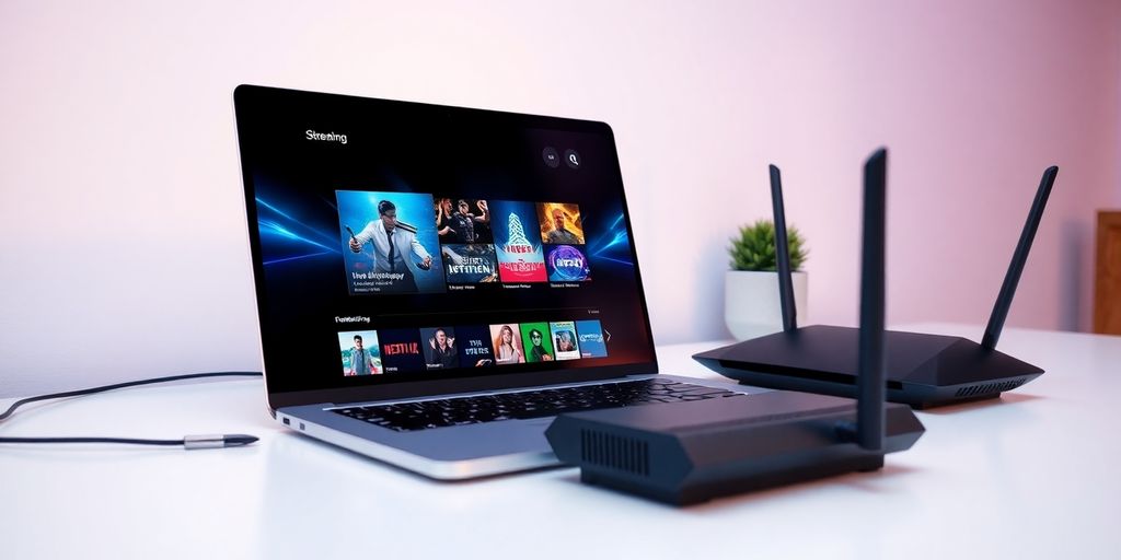 Laptop mit Streaming-Interface und Router auf einem Tisch.