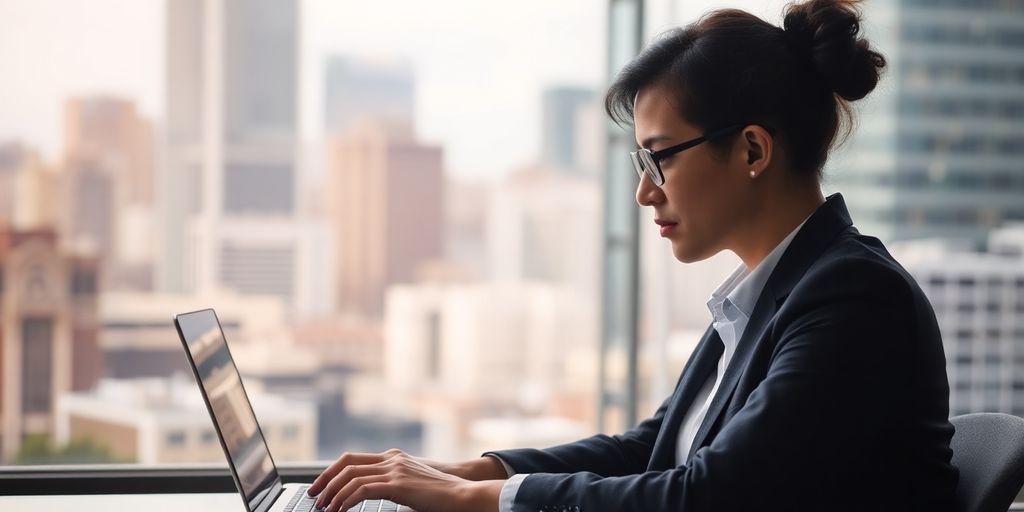 Person am Laptop mit unscharfem Stadtbild im Hintergrund.