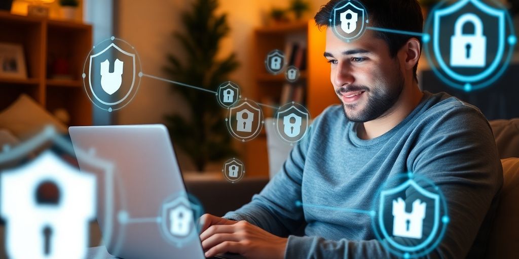Person am Laptop, digitale Sicherheitssymbole umgeben.
