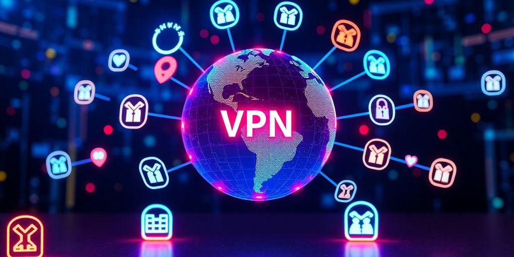 Verschiedene VPN-Icons um einen digitalen Globus.