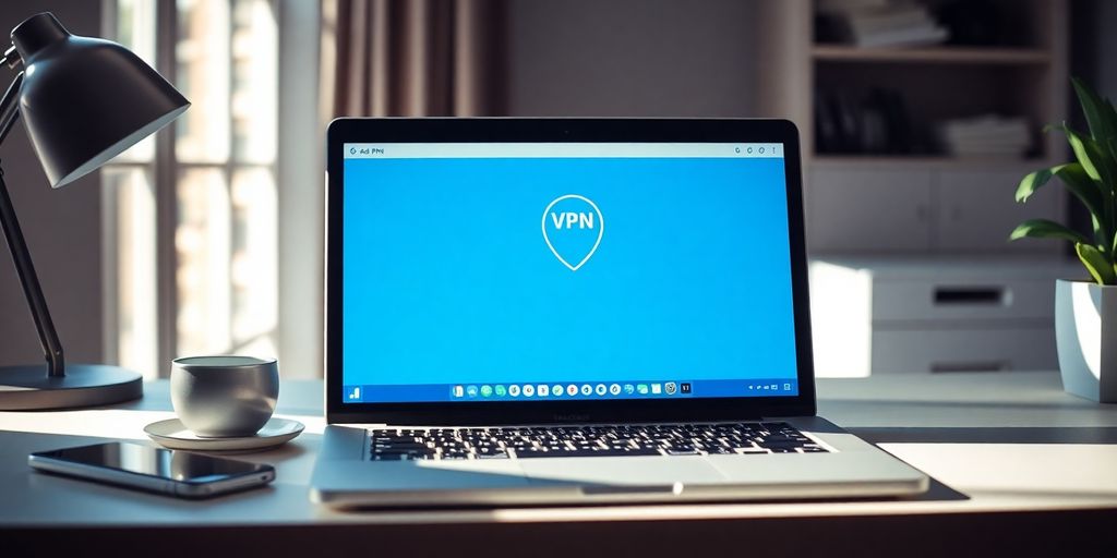 Laptop mit VPN, kein Werbung, ruhiger Arbeitsplatz.